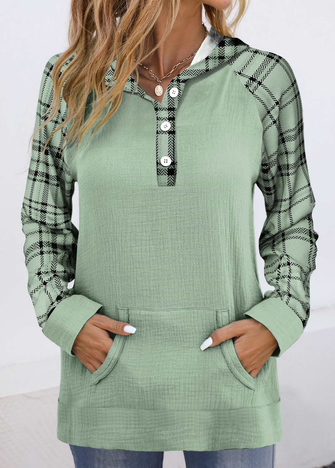 Modlily Sage Green Pocket Plaid Long Sleeve Hoodie - L