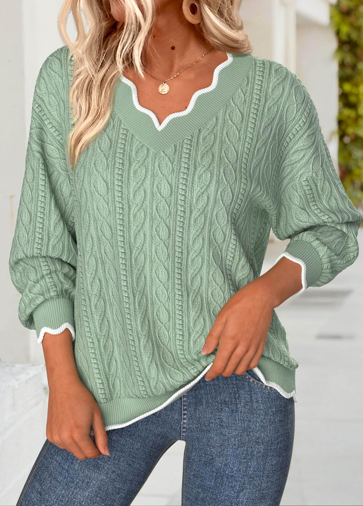 Modlily Sage Green Scalloped Hem Long Sleeve V Neck Sweatshirt - S