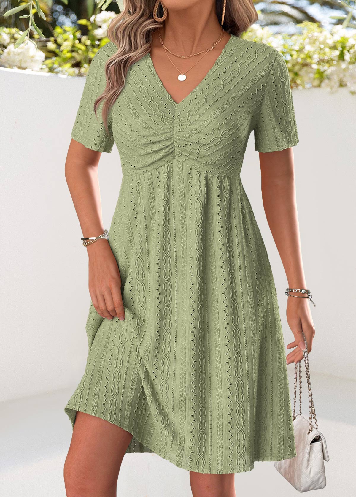 Modlily Sage Green Shirred Short Sleeve V Neck Dress - S