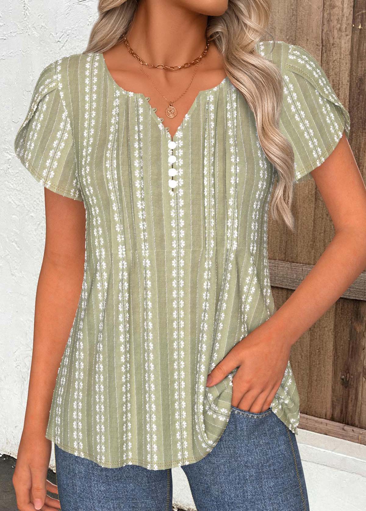 Modlily Sage Green Short Sleeve Split Neck T Shirt - S