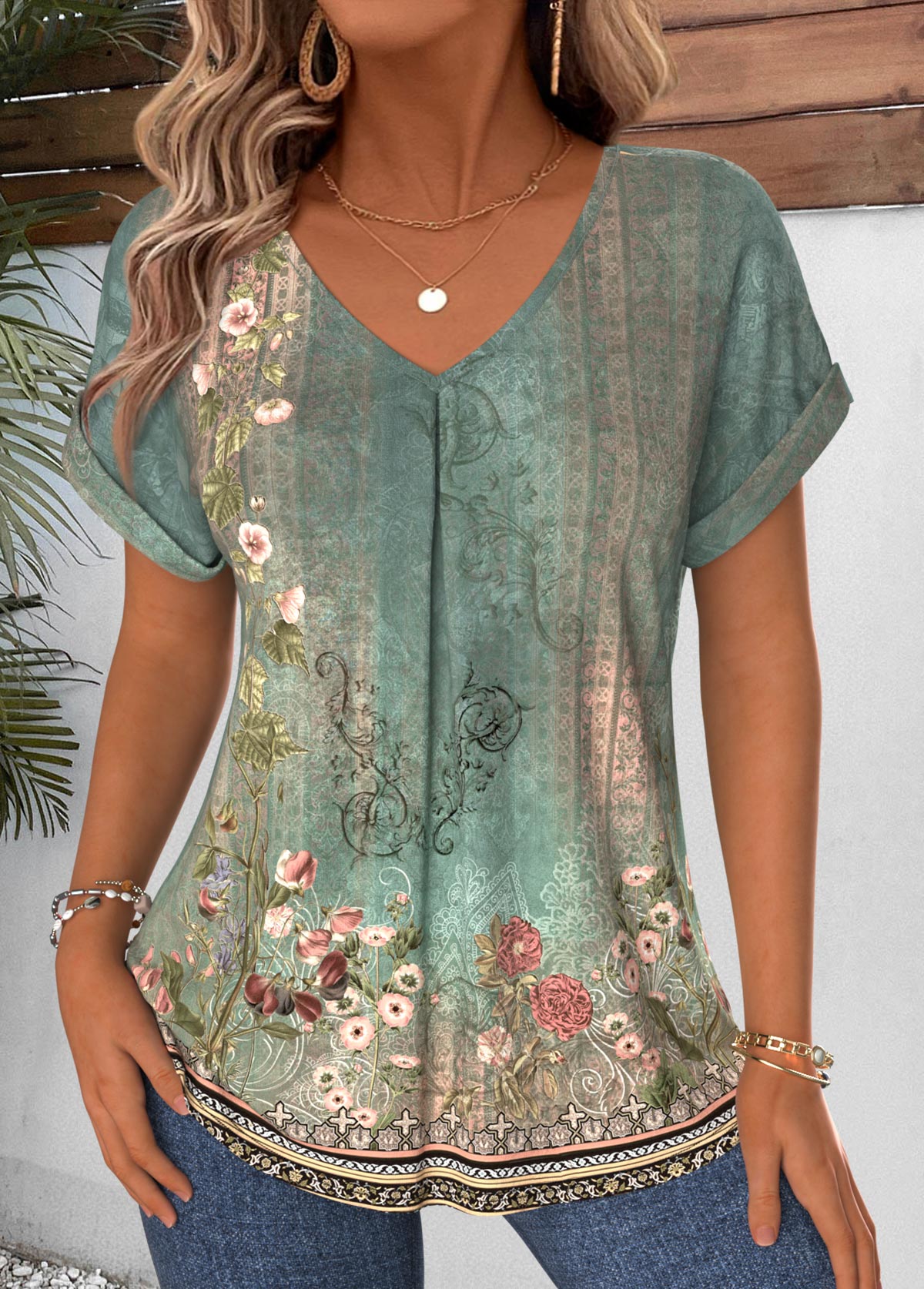 Modlily Sage Green Tribal Print Curved Hem T Shirt - S
