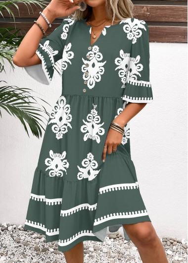 Modlily Sage Green Tribal Print Half Sleeve Split Neck Dress - XXL
