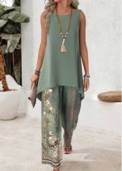 Modlily Sage Green Tribal Print Long Sleeveless Top and Pants - XL