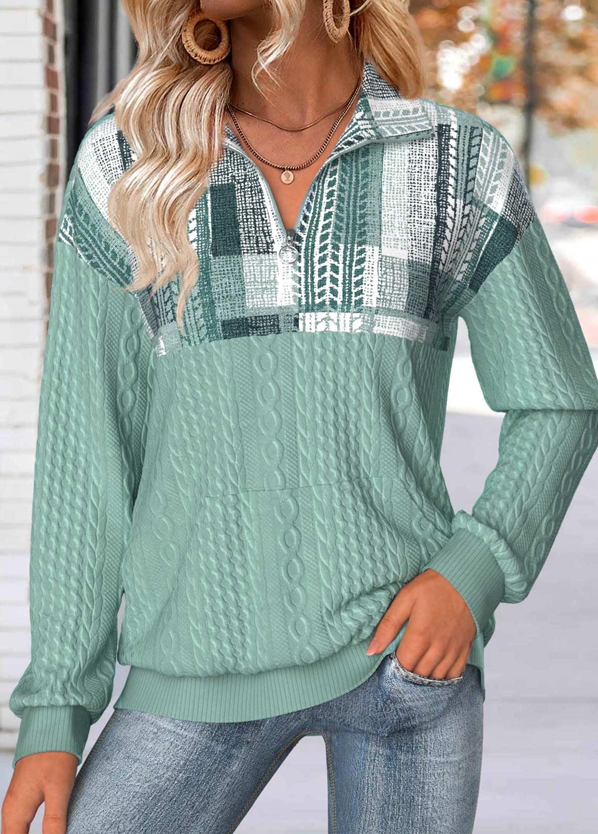 Modlily Sage Green Tummy Coverage Geometric Print Long Sleeve Sweatshirt - XL