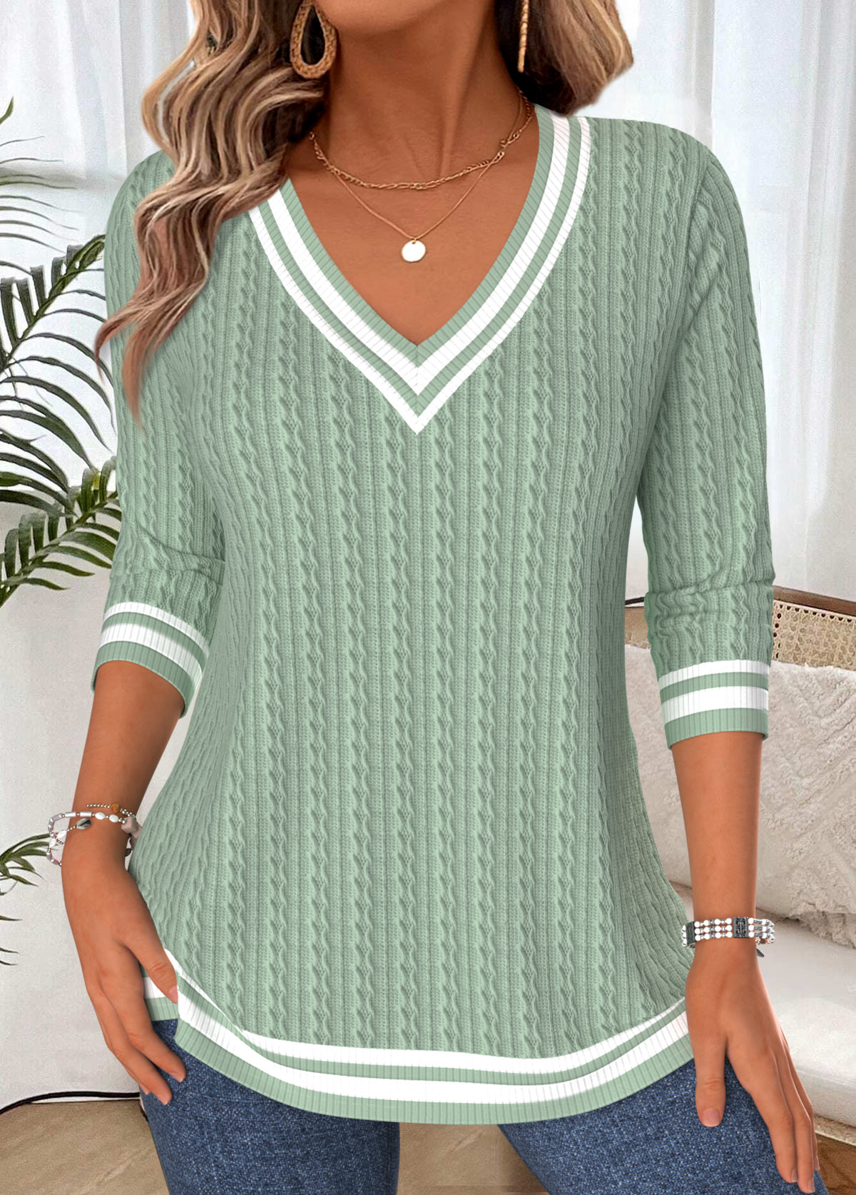 Modlily Sage Green Tummy Coverage Long Sleeve V Neck T Shirt - S