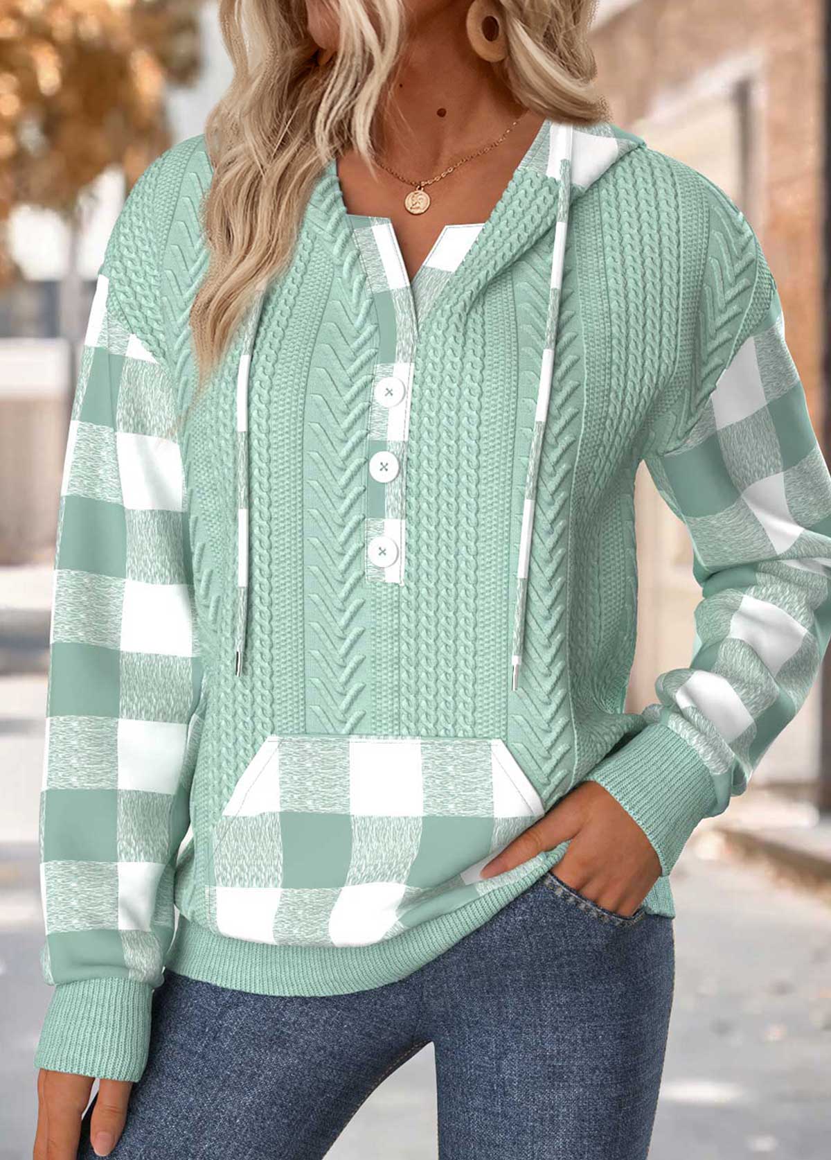 Modlily Sage Green Tummy Coverage Plaid Long Sleeve Hoodie - S