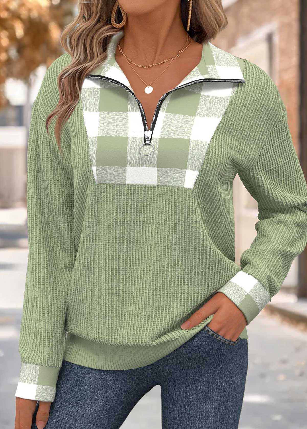 Modlily Sage Green Tummy Coverage Plaid Long Sleeve Sweatshirt - XL