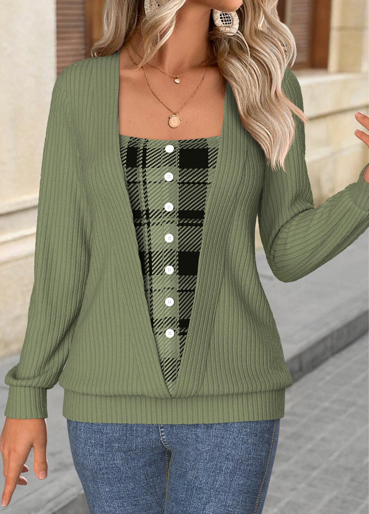 Modlily Sage Green Tummy Coverage Plaid Long Sleeve T Shirt - S