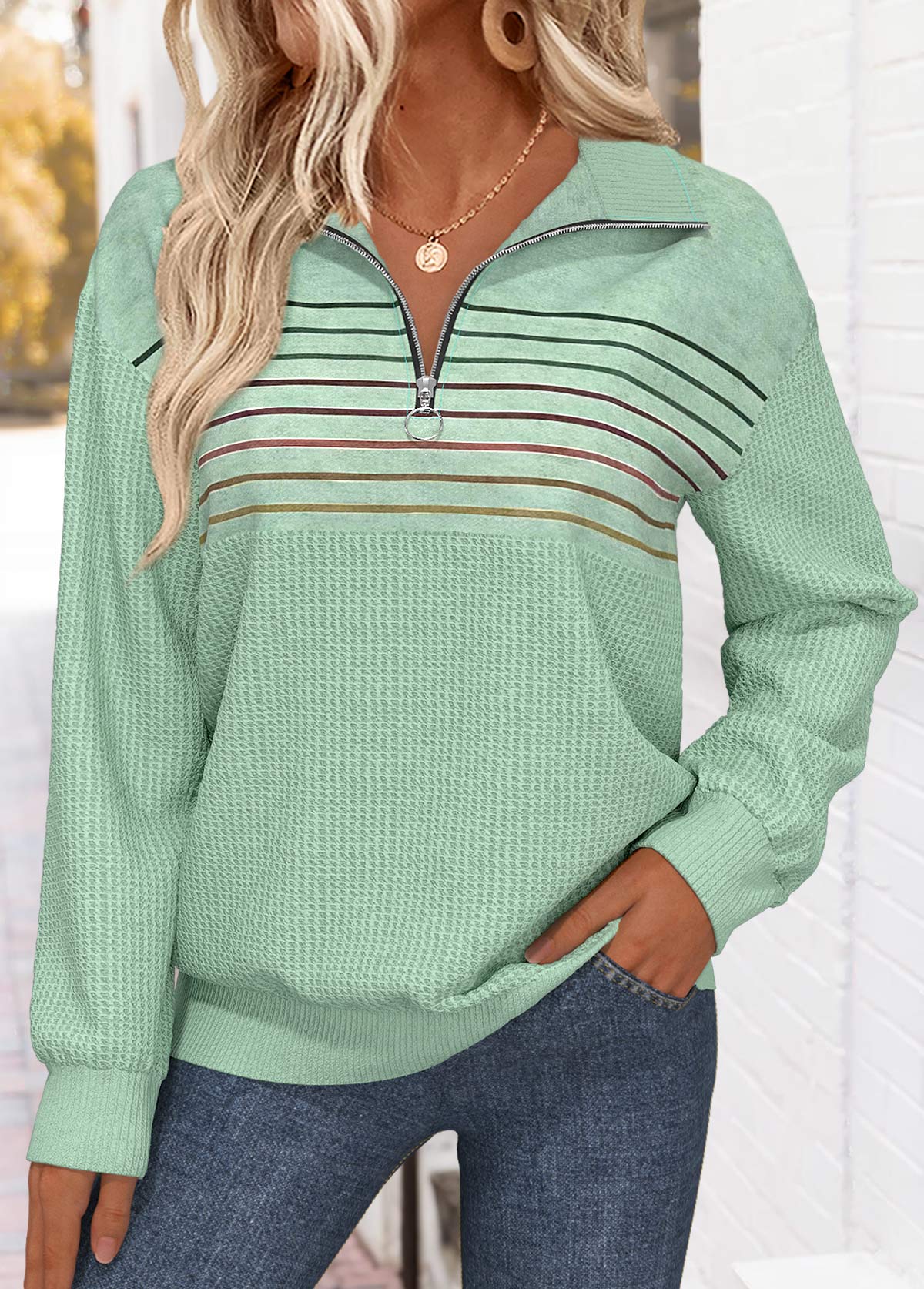 Modlily Sage Green Tummy Coverage Striped Long Sleeve Sweatshirt - S