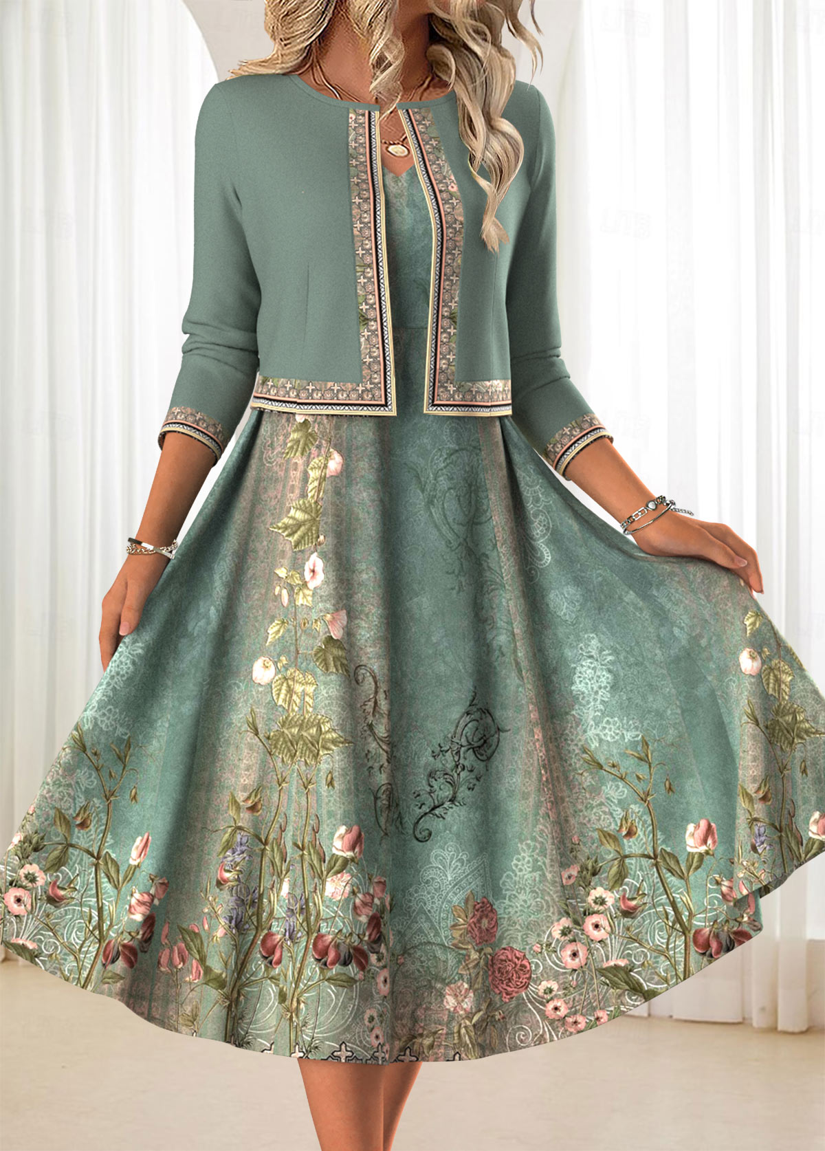 Modlily Sage Green Two Piece Floral Print Dress and Cardigan - S