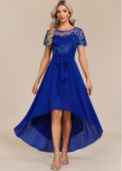 Modlily Sapphire Blue Belted Lace Short Sheer Sleeve Wedding Guest Dress Maxi Dress - XL