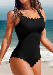 Modlily Scalloped Hem Black One Piece Swimwear - S