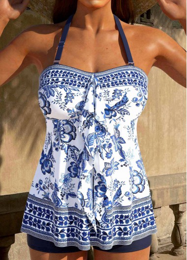 Modlily Scalloped Hem Floral Print Navy Tankini Set - M