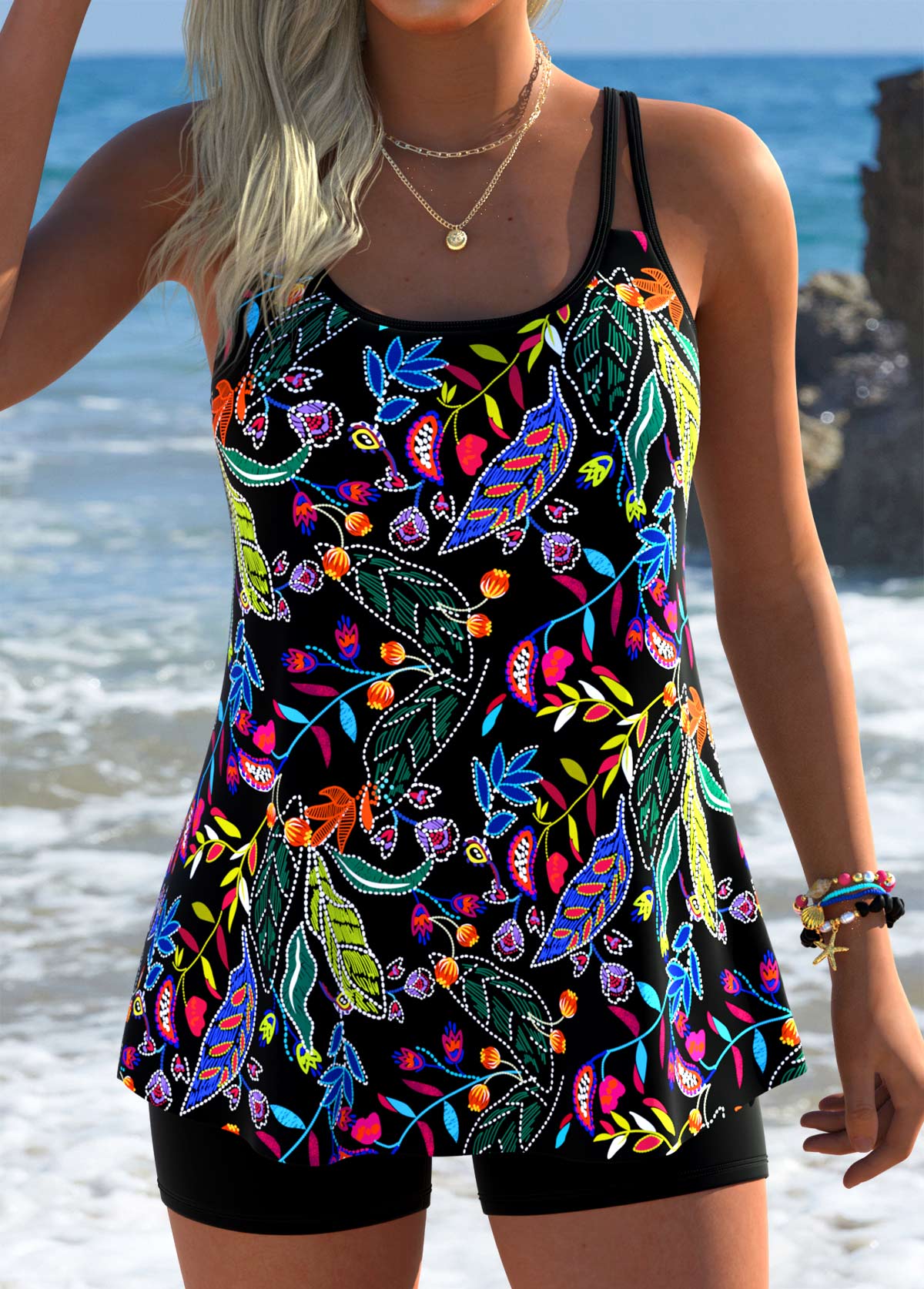 Modlily Scoop Neck Floral Print Black Tankini Top - S