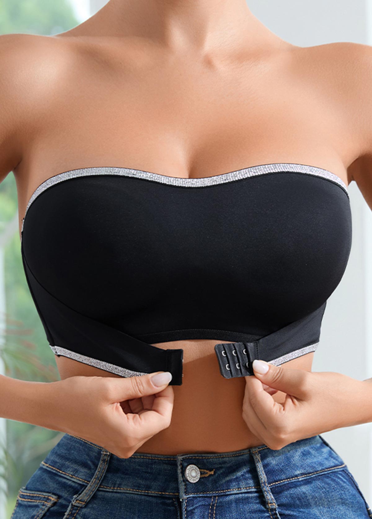 Modlily Sexy Babydoll Lingerie Chemises Black Seamless Patchwork Strapless Bandeau Bra - S