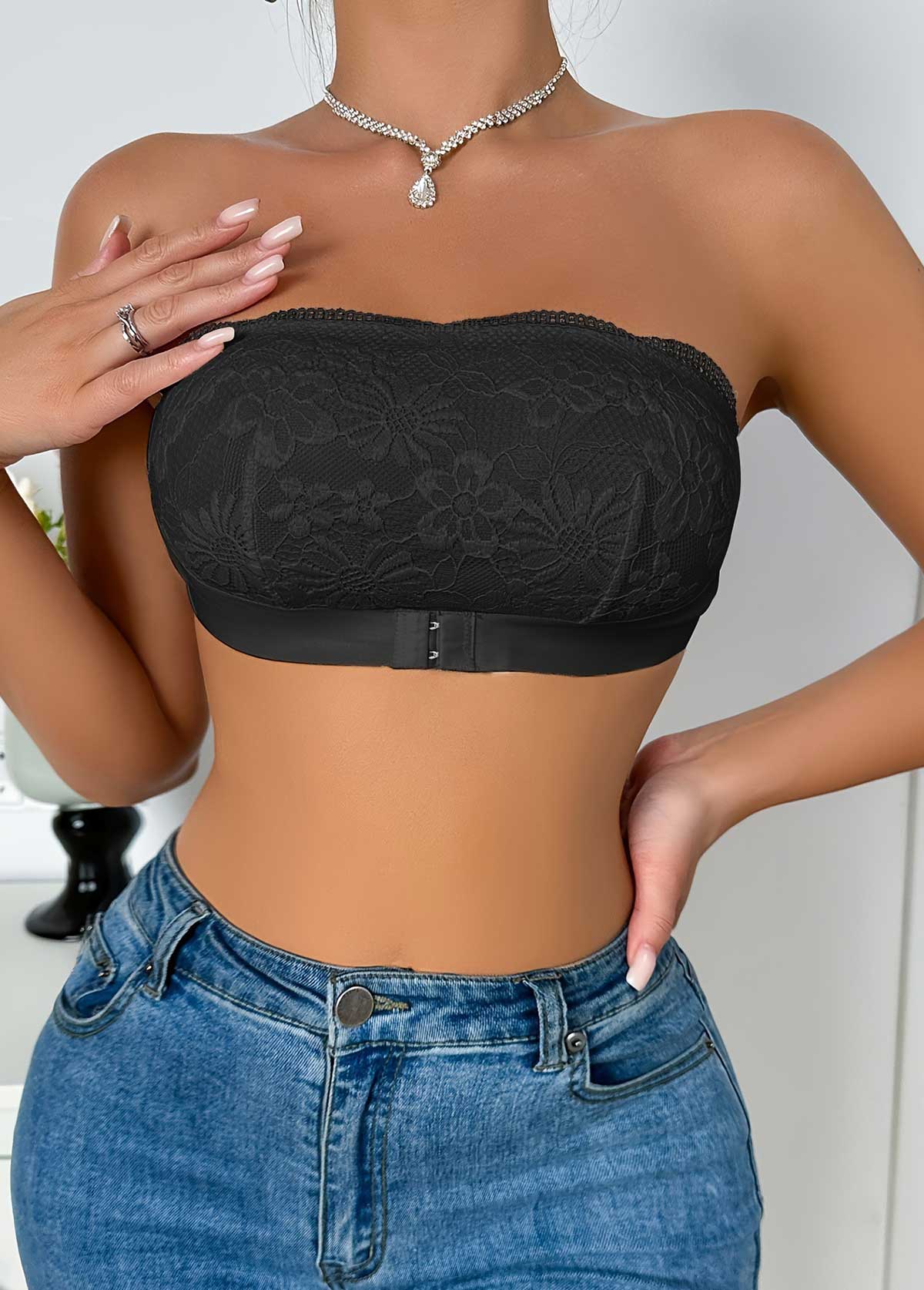 Modlily Sexy Babydoll Lingerie Chemises Black Strapless Lace Seamless Bandeau Bra - S