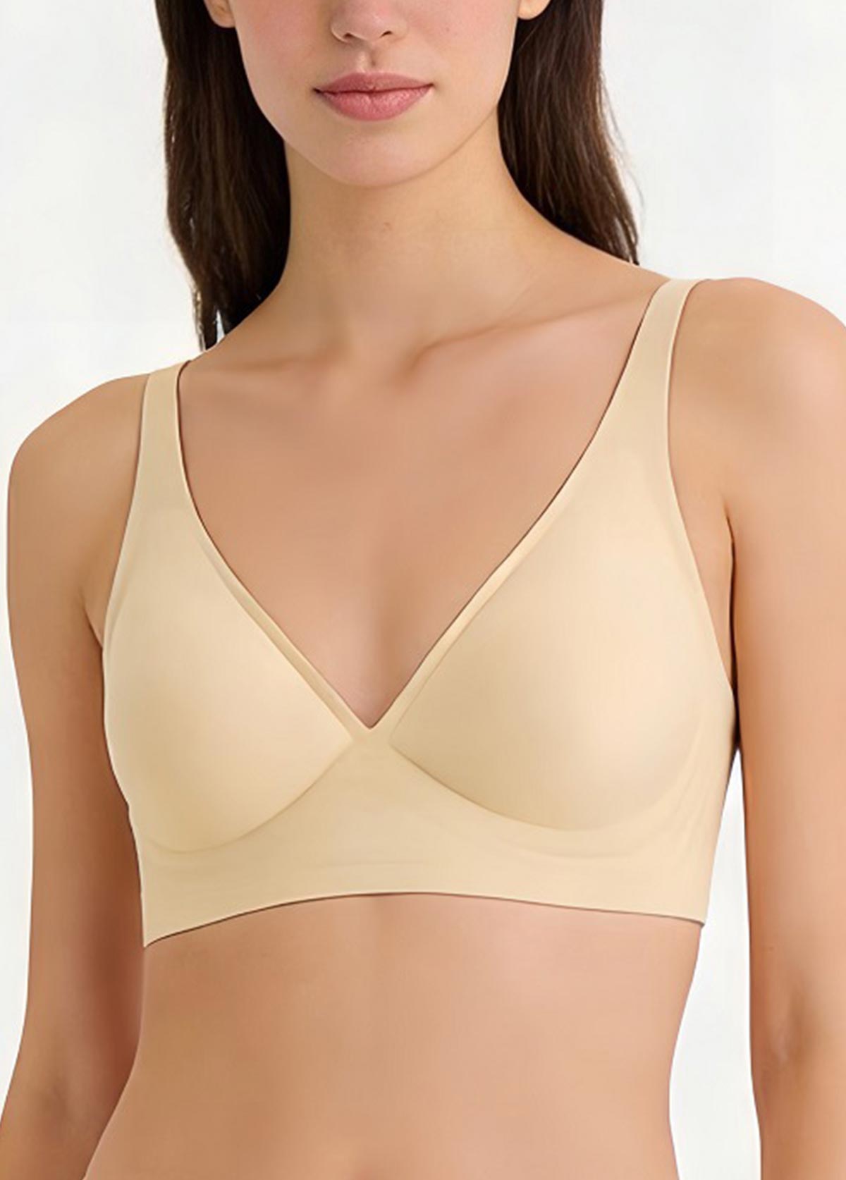 Modlily Sexy Babydoll Lingerie Chemises Skin Color V Neck Design Bra - S