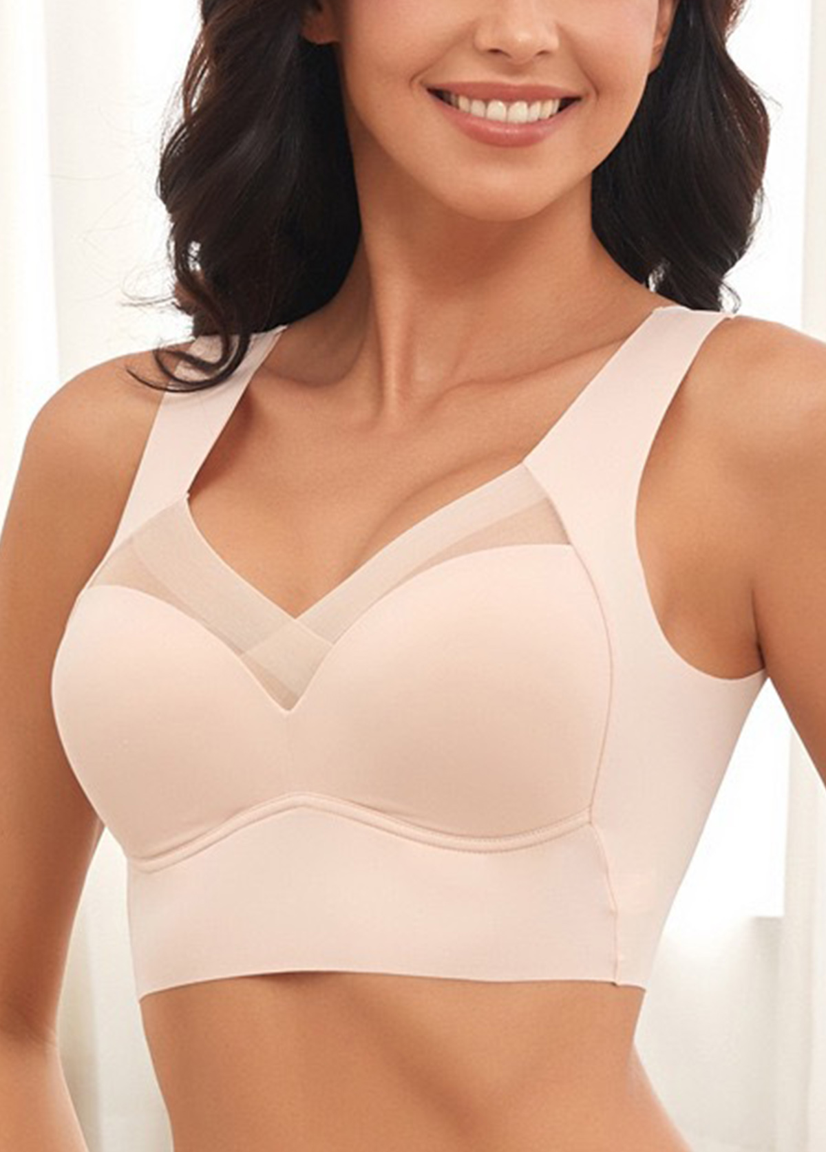 Modlily Sexy Babydoll Lingerie Chemises Skin Color V Neck Detail Bra - S