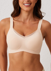 Modlily Sexy Babydoll Lingerie Chemises Skin Color V Neck Detail Bra - S