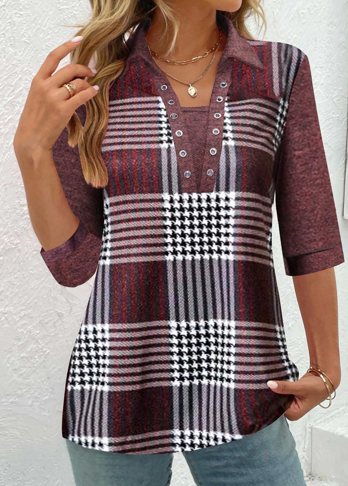 Modlily Shirt Collar Deep Red Eyelet Plaid Blouse - L