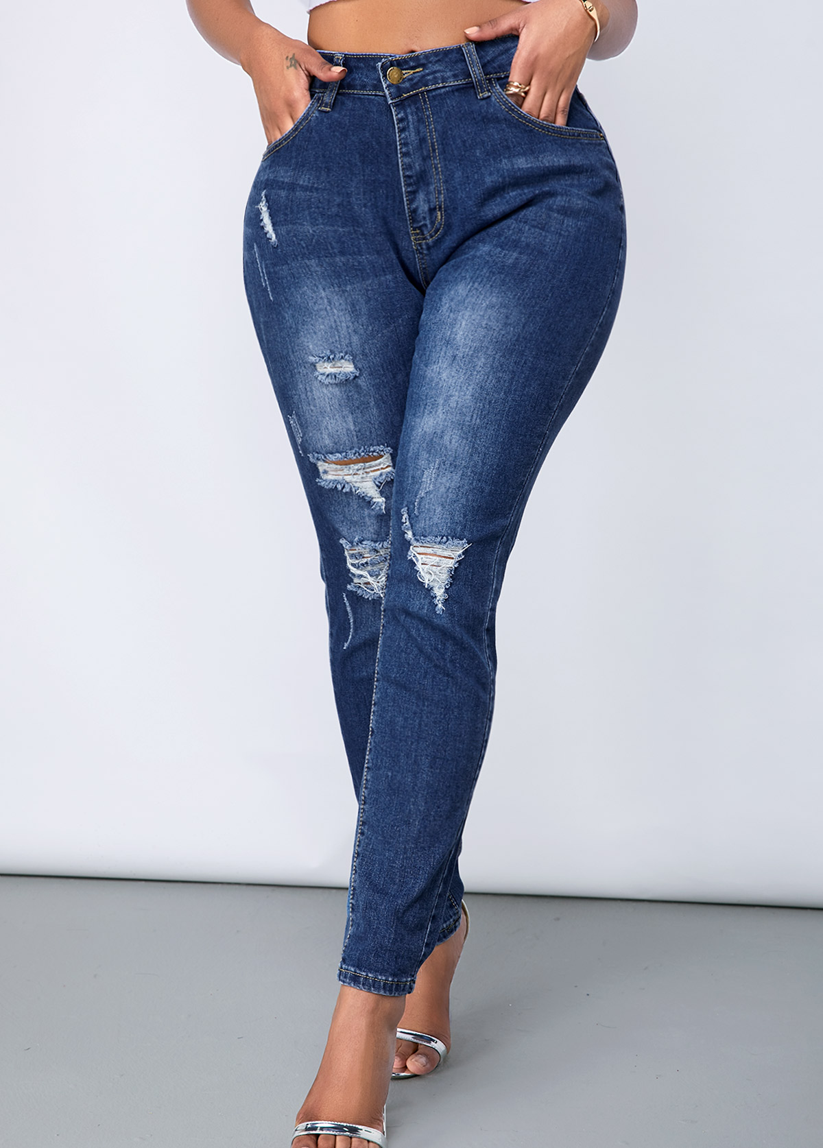 Modlily Shredded Acid Washed Slant Pocket Jeans - XS
