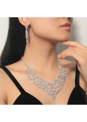 Modlily Silver Rhinestone Tassel Earrings and Necklace - One Size