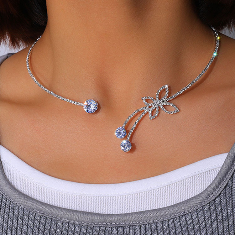 Modlily Silvery White Butterfly Alloy Rhinestone Necklace - One Size