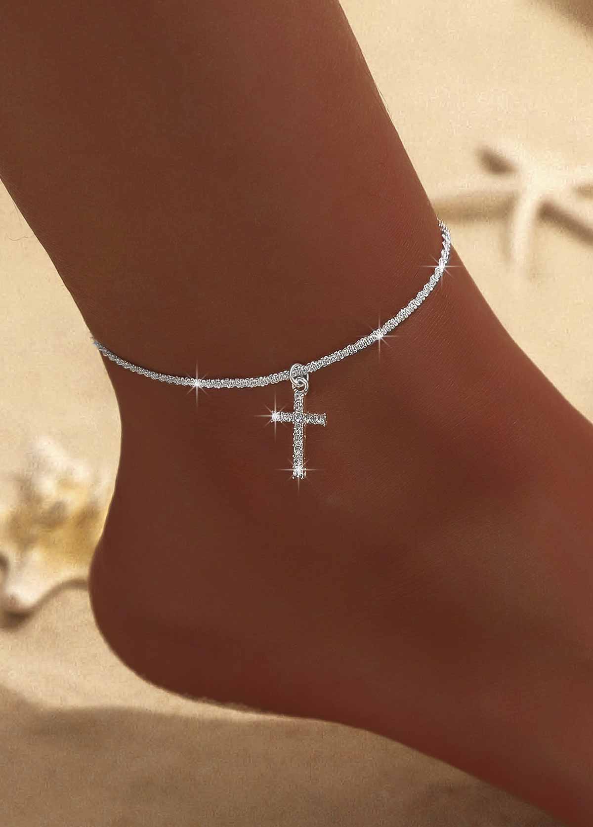 Modlily Silvery White Cross Alloy Rhinestone Anklet - One Size