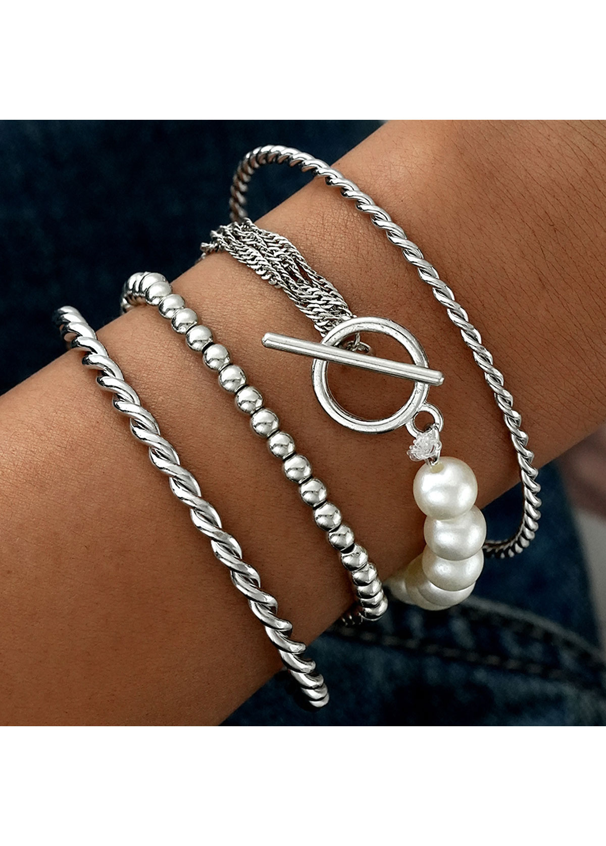 Modlily Silvery White Round Design Alloy Bracelets Set - One Size