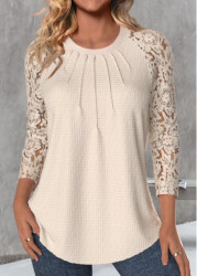 Modlily Skin Color Lace Long Sleeve Round Neck T Shirt - XL