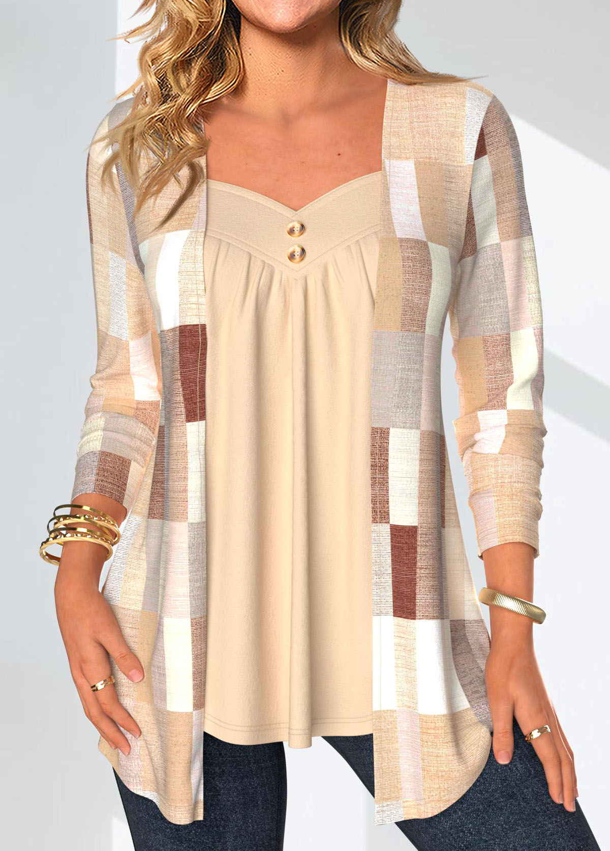 Modlily Skin Color Patchwork Geometric Print Fake Two Piece Twinset - M