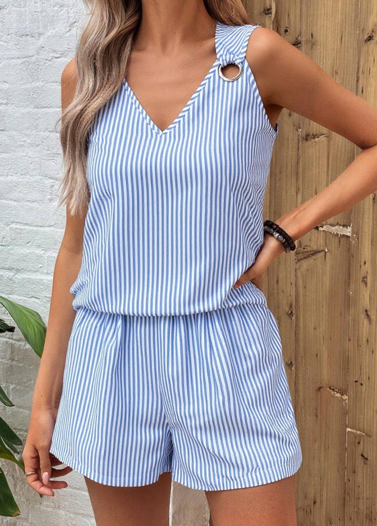 Modlily Sky Blue Eyelet Striped Sleeveless Top and Shorts - S