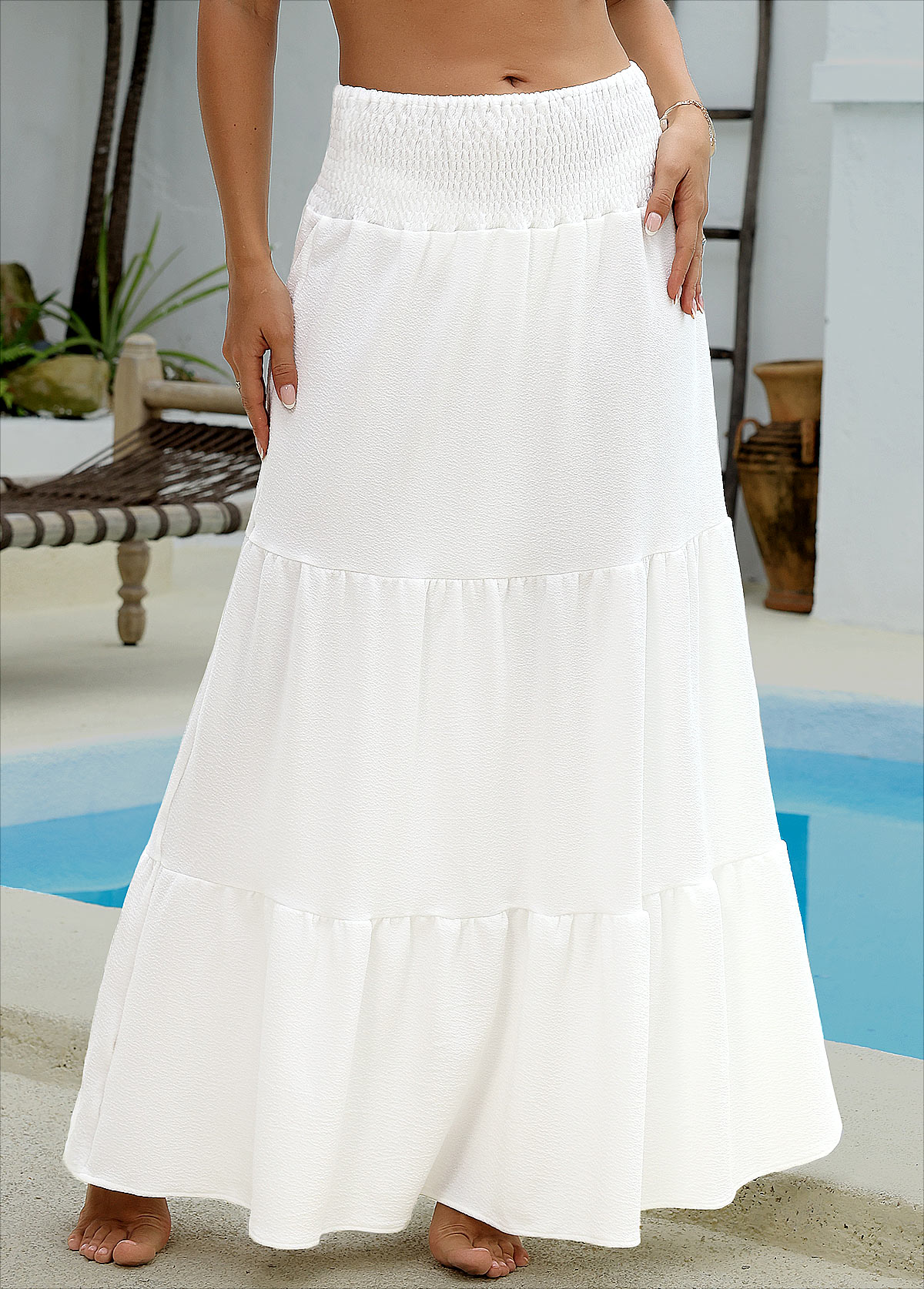 Modlily Smocking White Maxi Cover Up Skirt - 2XL