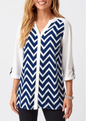Modlily Split Neck Chevron Print Three Quarters Sleeve Blouse - S