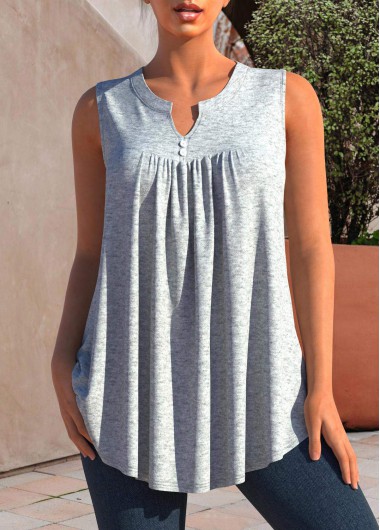 Modlily Split Neck Grey Marl Decorative Button Tank Top - S