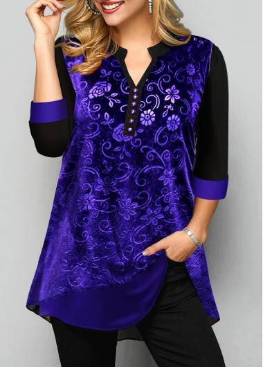 Modlily Split Neck Purple Velvet Burnout Blouse - S