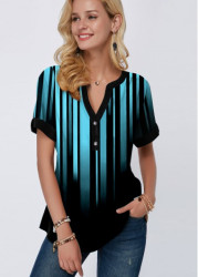 Modlily Split Neck Short Sleeve Blue Blouse - XS