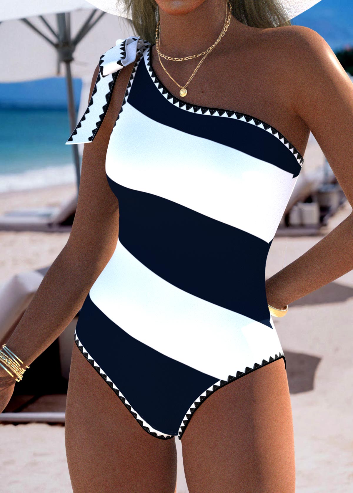 Modlily Striped Black High Elasticity One Piece Swimwear - XL