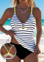 Modlily Striped Black Ruched Detail Tankini Set - S