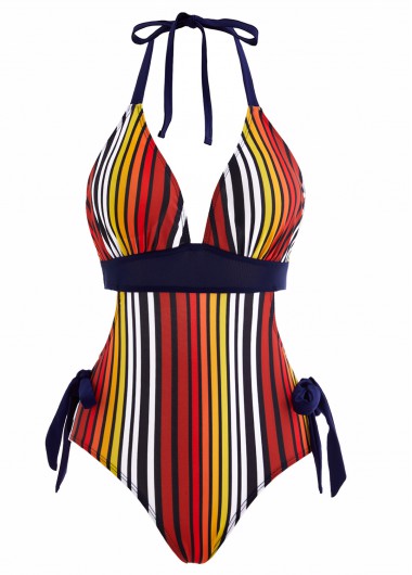 Modlily Striped Bowknot Side Halter One Piece Swimwear - XXL