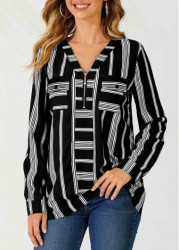 Modlily Striped Color Block V Neck Zipper Detail Blouse - S