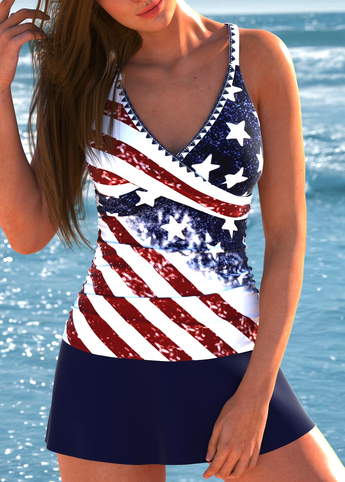Modlily Surplice Flag Print Navy Tankini Set - S