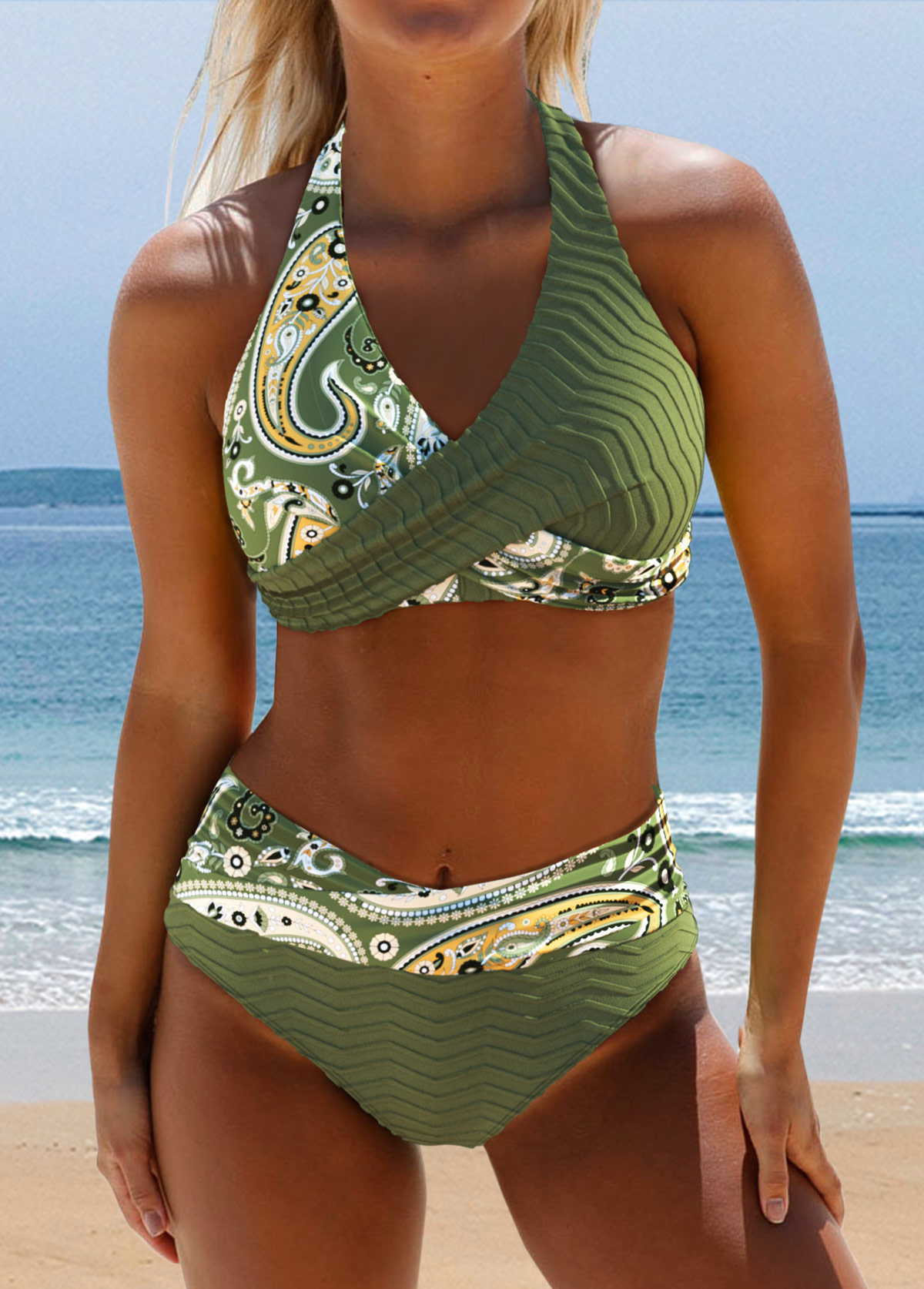 Modlily Surplice Floral Print Olive Green Bikini Set - XL