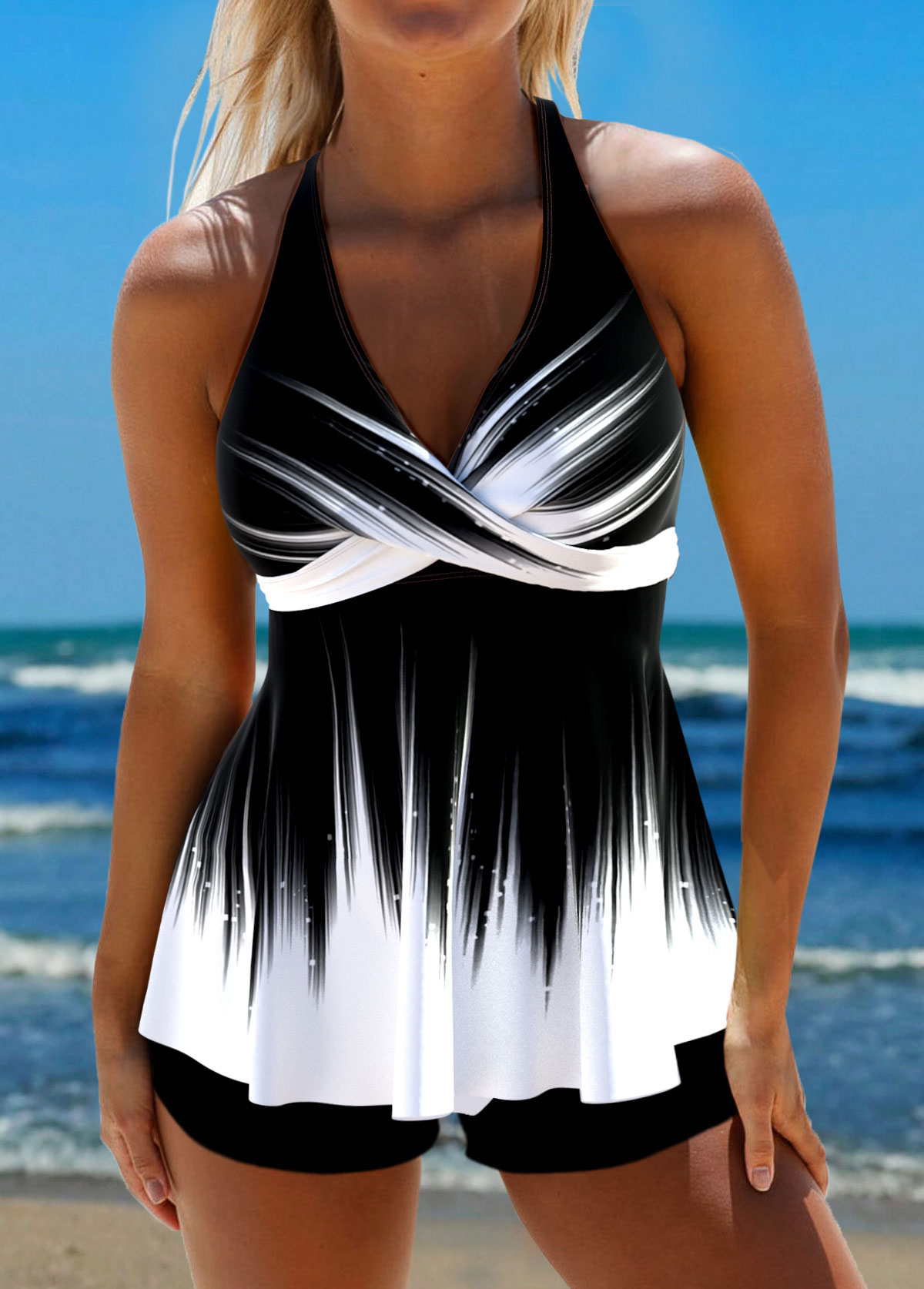 Modlily Surplice Ombre Black Tie Back Tankini Top - M
