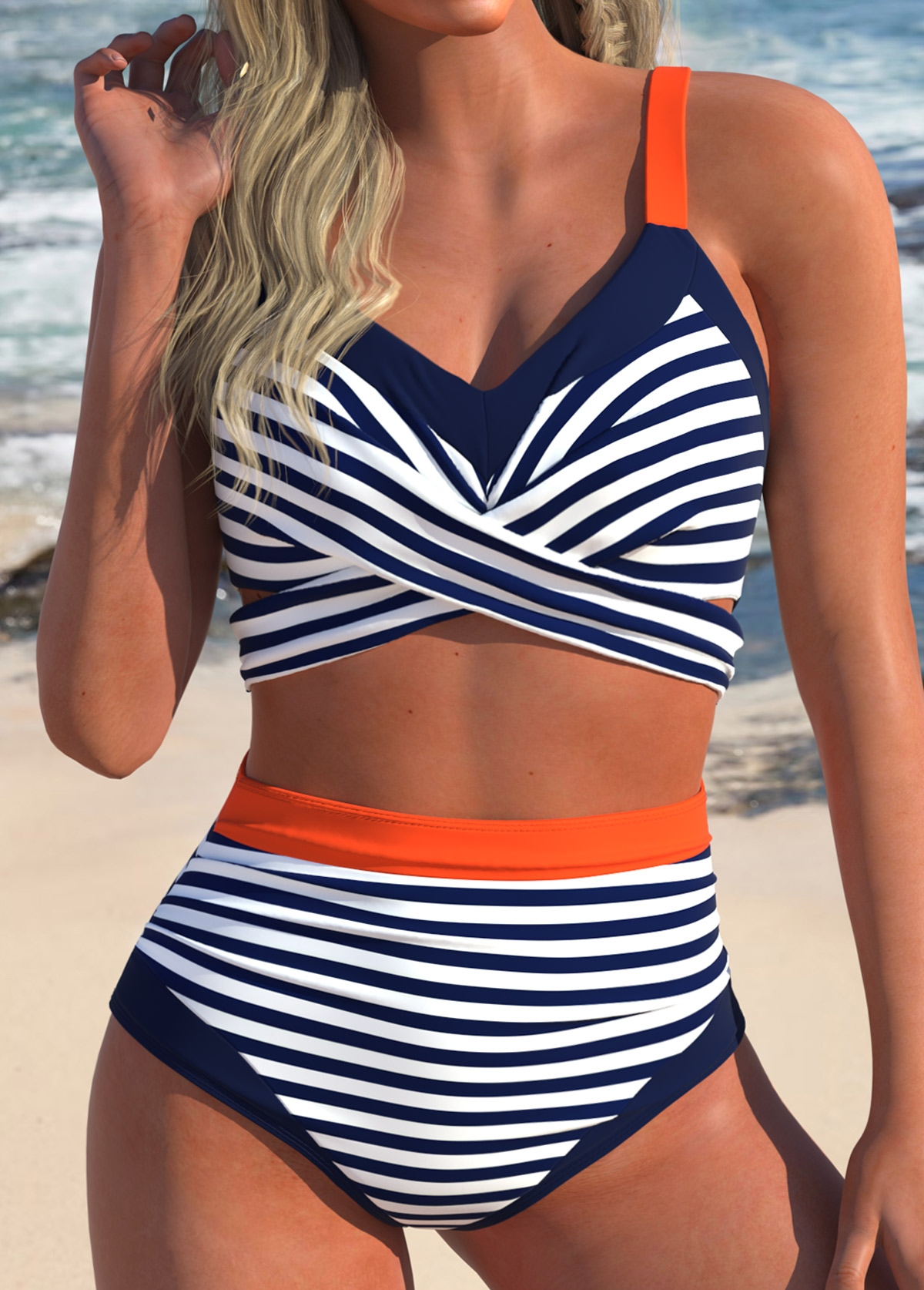 Modlily Surplice Striped Navy High Waisted Bikini Set - S