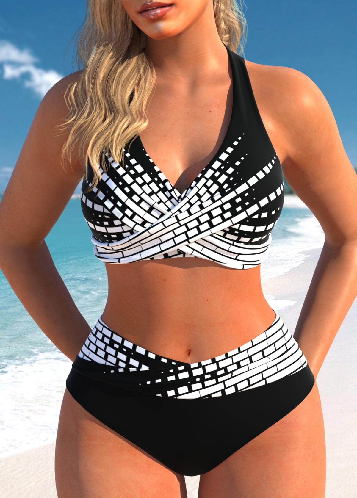 Modlily Surplice Tie Ombre Black Bikini Set - S