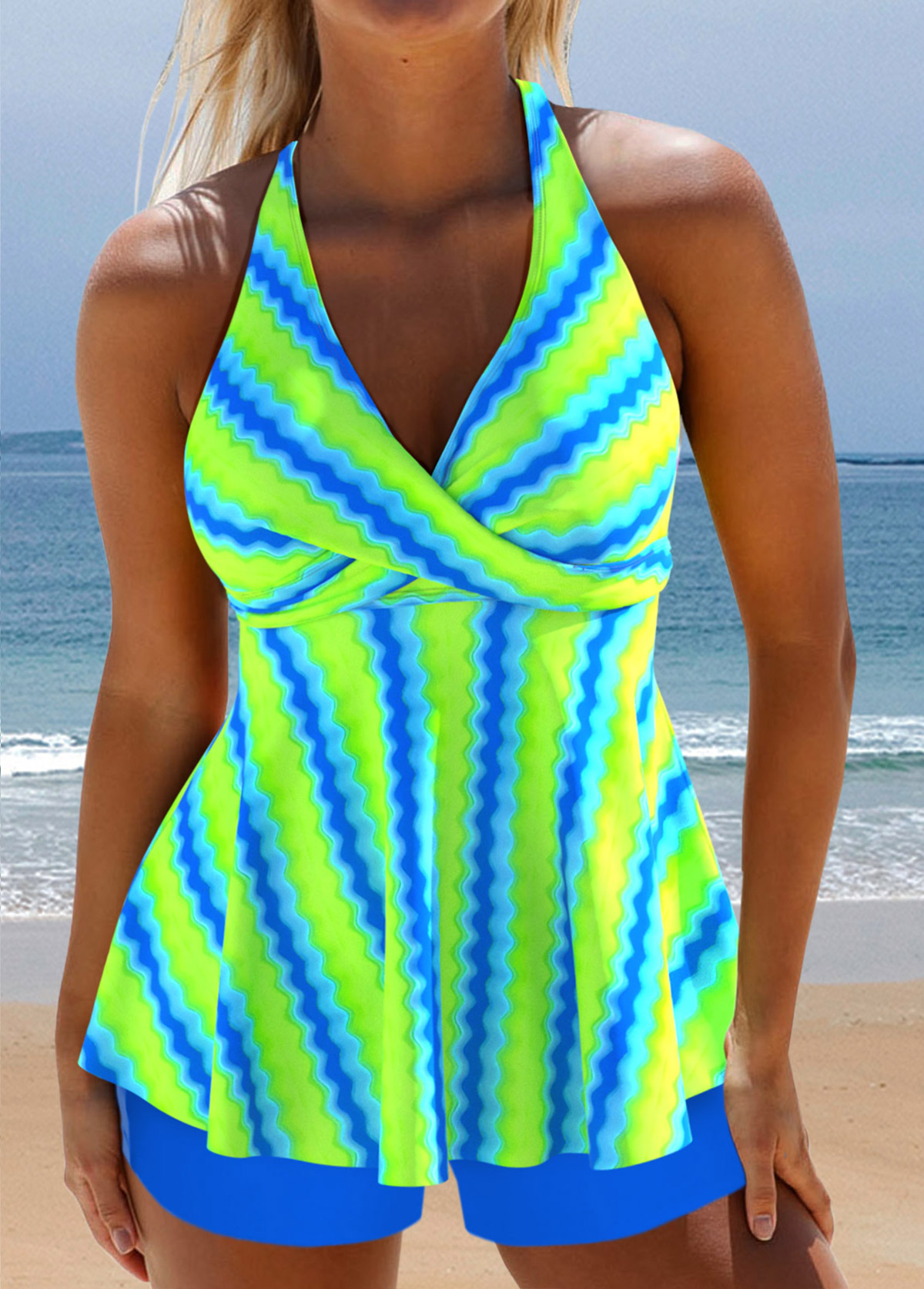 Modlily Surplice Wave Pattern Print Neon Green Tankini Set - S