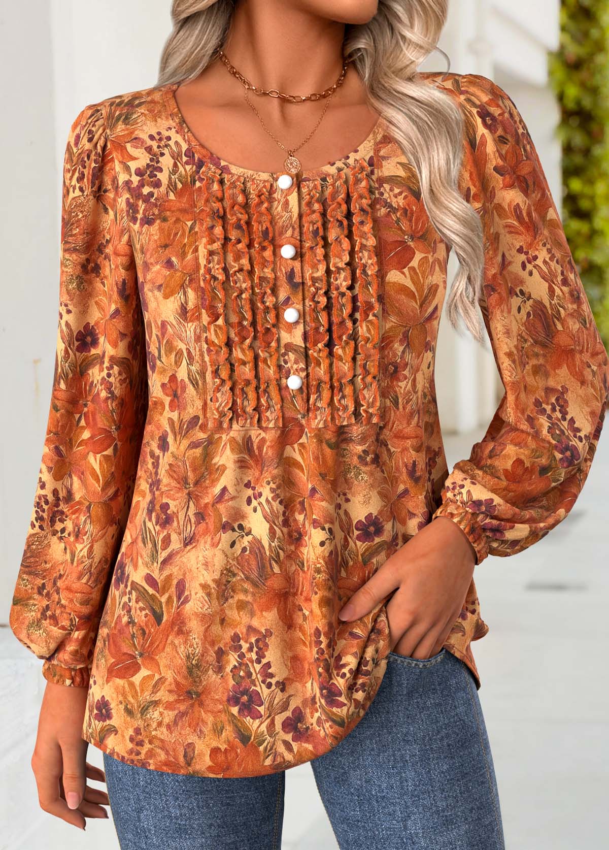 Modlily Terracotta Frill Floral Print Long Sleeve Round Neck Blouse - M
