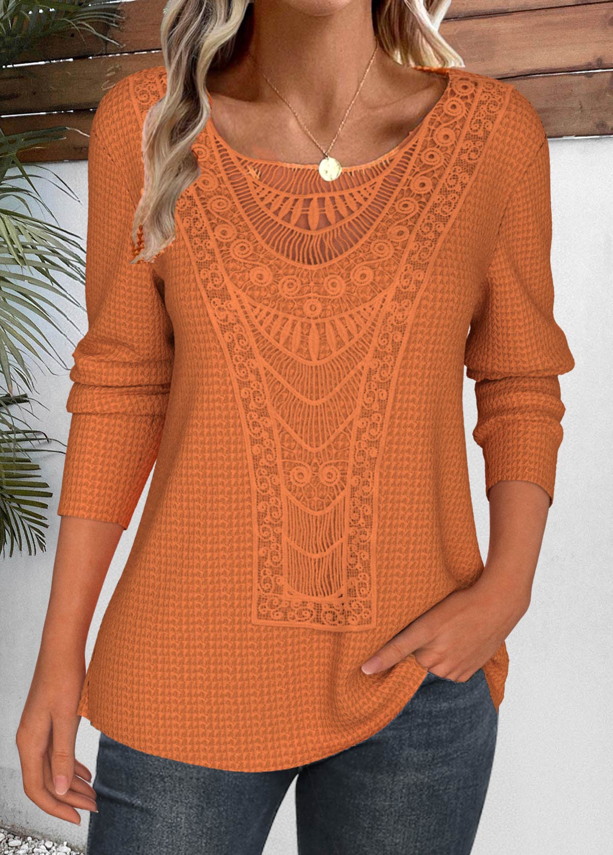 Modlily Terracotta Lace Long Sleeve Round Neck T Shirt - XL