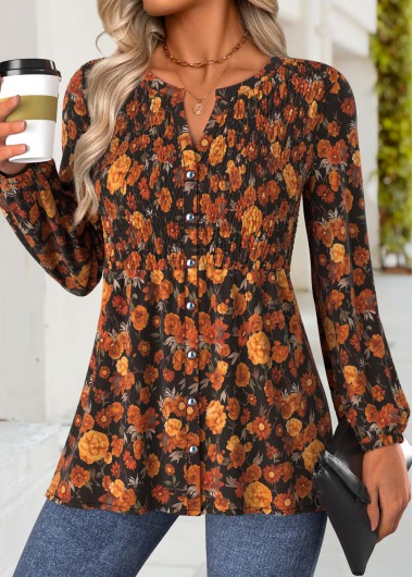 Modlily Terracotta Peplum Floral Print Long Sleeve Split Neck Blouse - M